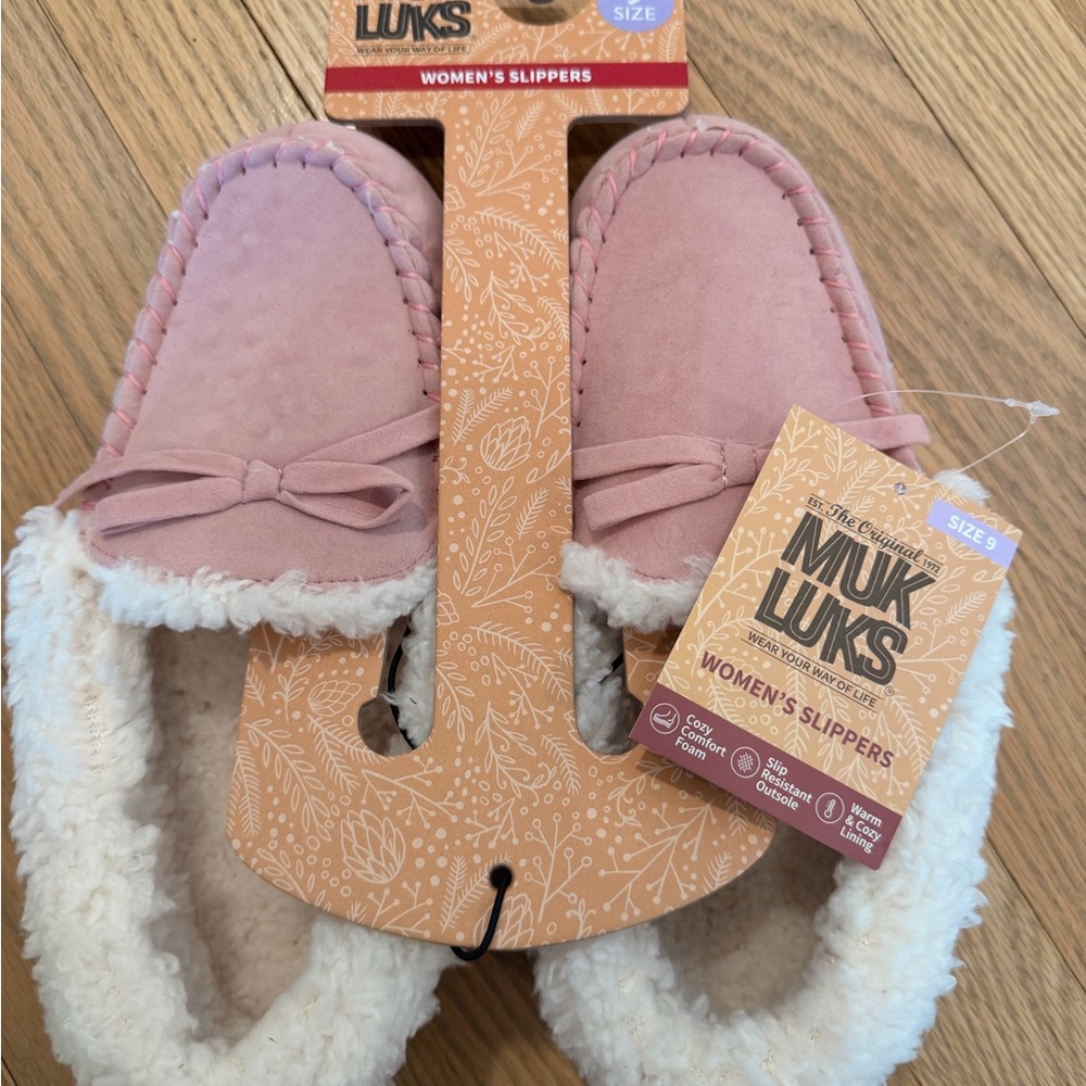 BRAND NEW - Never Worn. Muk Luks Pink Plush Slip-On Slippers with Bow Detail